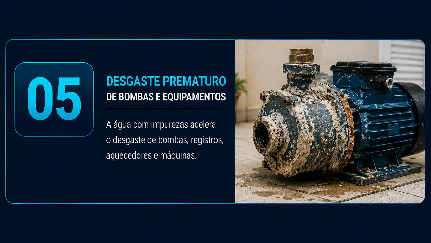 Bomba com sinais de desgaste acelerado por contato com água inadequada