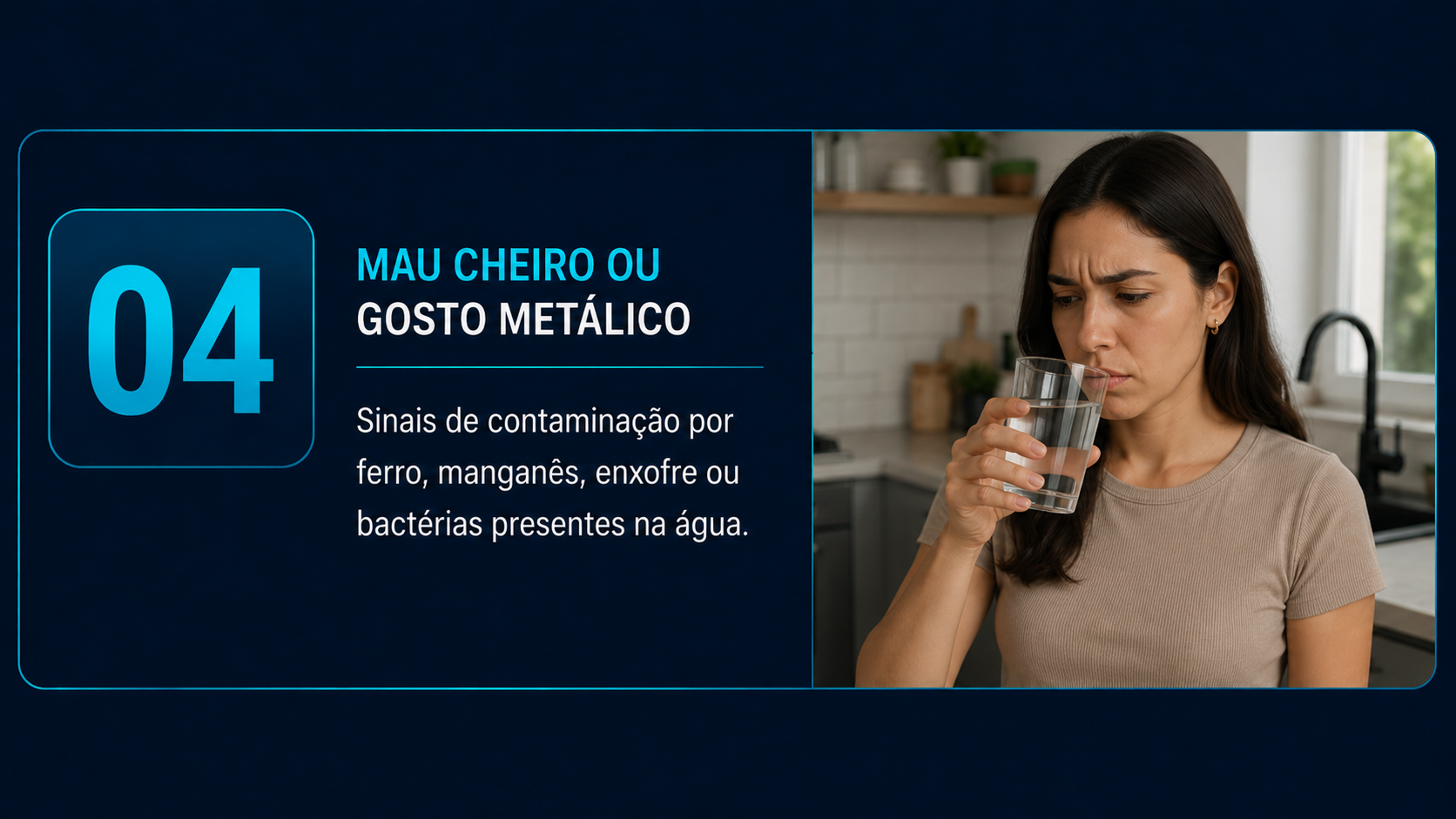 Pessoa sentindo cheiro estranho ao aproximar um copo de água do rosto